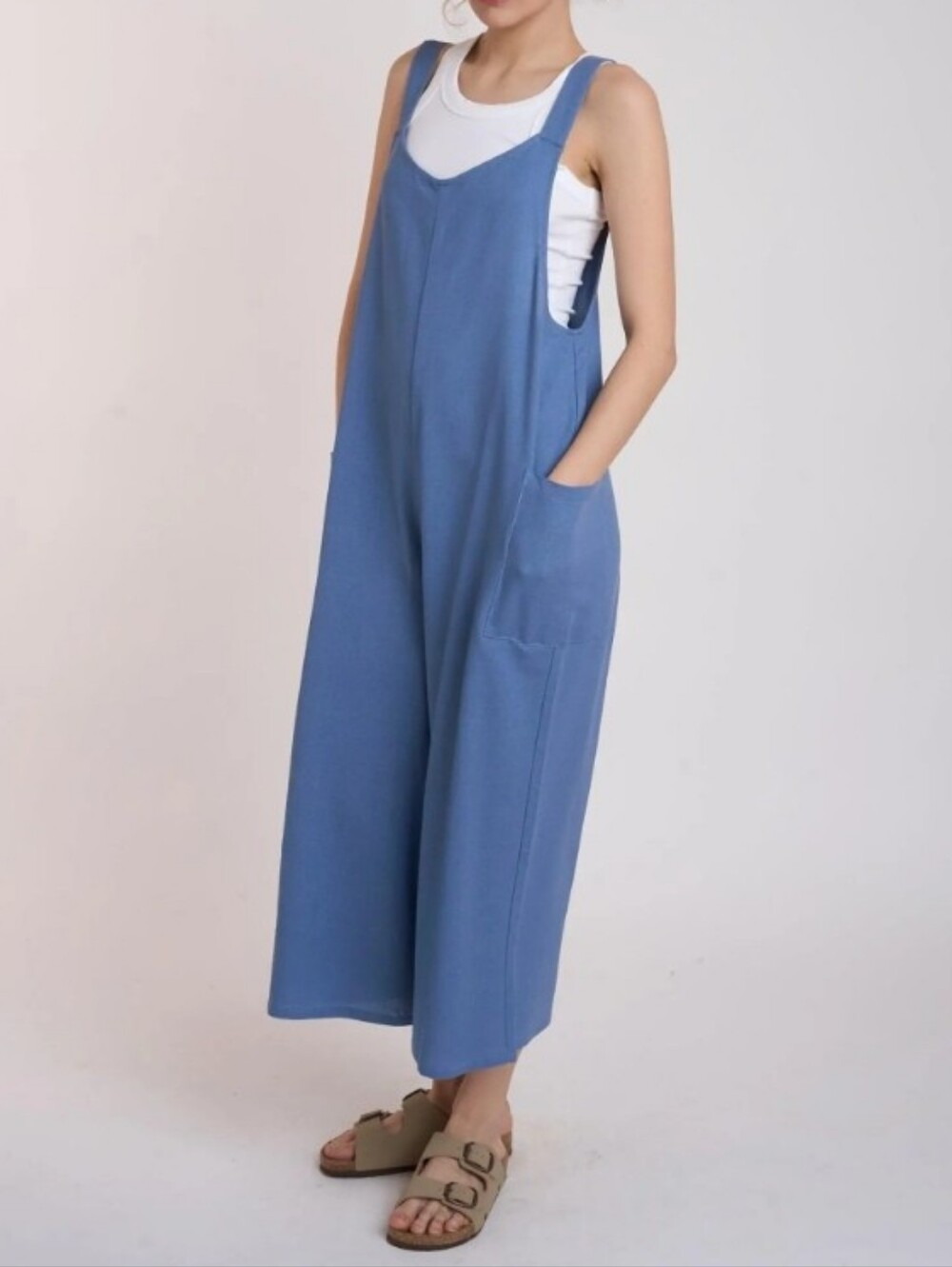 Hunter & Brown Women's Relaxed Blue Linen Blend Wide-Leg Jumpsuit with Pockets